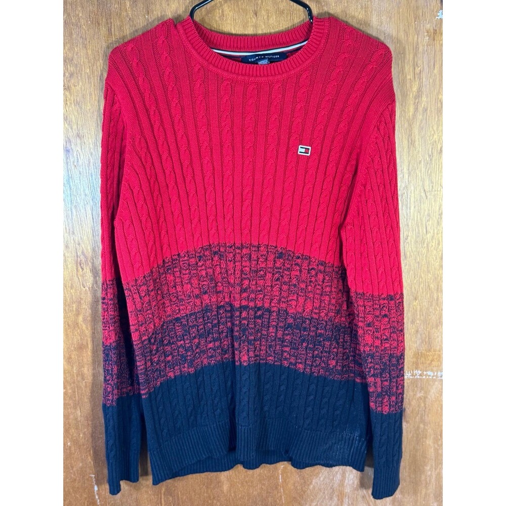 Tommy Hilfiger Men's Ombre Crewneck Cable Sweater Red XL‎